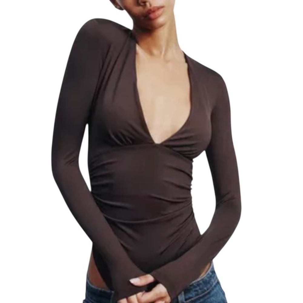 New Zara Ruched Polymide Bodysuit Brown Balletcore Sexy Layer Small Basics Top